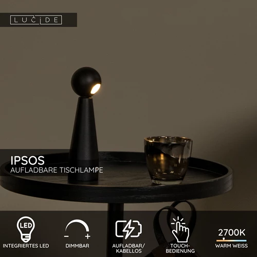 Lucide IPSOS - wiederaufladbare Tischlampe - Akku/Batterie - LED Dim. - 1x3W 2700K - Schwarz - USP